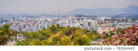 Aerial view of Dalat city. The city is located on the Langbian Plateau in the southern parts of the Central Highlands region of Vietnam BANNER, LONG FORMAT 76504443