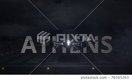 ATHENS text and commercial plane taking off from the airport runway at night, 3d rendering ATHENS text and commercial plane taking off from the airport runway at night, 3d rendering 76505263