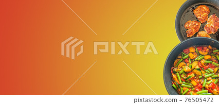 Banner with traditional homemade turkey stew with vegetables, indoor, process of cooking with copy space for text and gradient red orange background, details, closeup. Banner with traditional homemade turkey stew with vegetables, indoor, process of cooking with copy space for text and gradient red orange background, details, closeup. 76505472