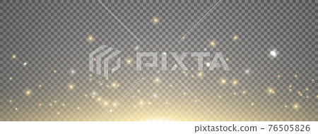Sun light with sparkle on long banner. Gold sunrise effect on transparent background. Magic lens flare. Glitter star flash. Bright sky. Spotlight design. Christmas decoration. Vector illustration 76505826