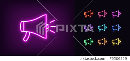 Neon loudspeaker icon. Glowing neon speaker sign, outline megaphone pictogram Neon loudspeaker icon. Glowing neon speaker sign, outline megaphone pictogram 76506239