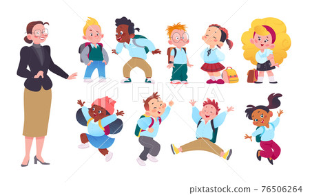 Teacher and happy school kids set in uniform with school bags isolated on white background. 76506264