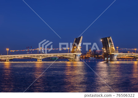 Neva river and open Blagoveshchensky Bridge - Saint-Petersburg Russia Neva river and open Blagoveshchensky Bridge - Saint-Petersburg Russia 76506322