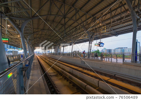 Train view on railway in Airport Rail link in Bangkok Downtown at financial district, buildings in urban city, Thailand. Transportation for tourists visiting in travel trip or holiday. 76506489