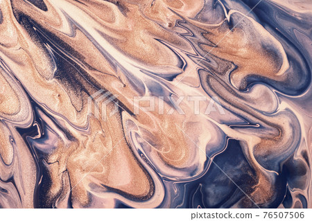 Abstract fluid art background navy blue and beige colors. Liquid marble. Acrylic painting with golden glitter gradient. 76507506