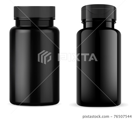 Black pill jar. Glossy black plastic tablet bottle Black pill jar. Glossy black plastic tablet bottle 76507544