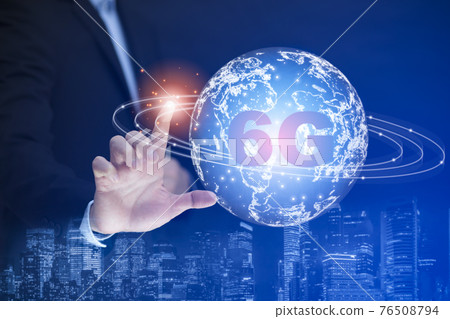 Businessman touching with the world of 6G, concept of future technology 6G network wireless systems and internet of things, high speed wireless data connection to internet from smartphones, concept 76508794