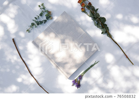 A book placed on a white fabric with natural light and the shadows of plants A book placed on a white fabric with natural light and the shadows of plants 76508832