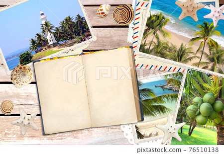 Vintage travel background with retro photos and old book 76510138