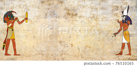 Grunge background with Egyptian gods images Toth and Horus Grunge background with Egyptian gods images Toth and Horus 76510165
