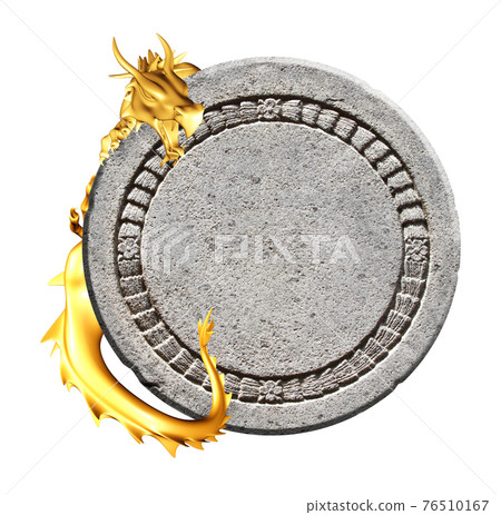 Golden dragon and round ancient stone frame with floral ornaments 76510167