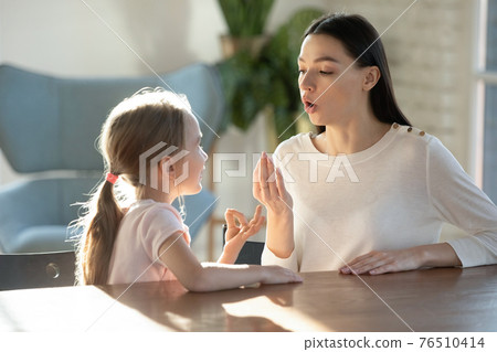Little girl with mom learn pronouncing sounds 76510414