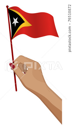 Female hand gently holds small flag of East Timor. Holiday design element. Cartoon vector on white background 76510872