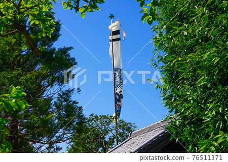 藍天中飄揚的武士畫旗 端午節（世田谷區紀大堀公園） 76511371