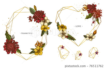 Golden frame with plumeria, allamanda, clerodendrum, champak, etlingera, ixora Golden frame with plumeria, allamanda, clerodendrum, champak, etlingera, ixora 76511762