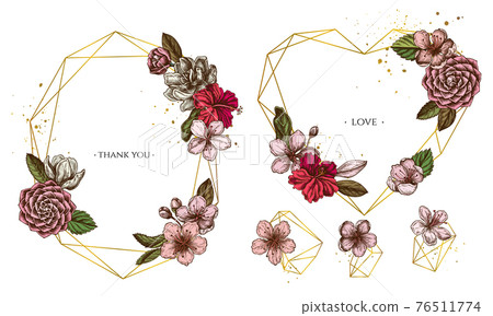 Golden frame with hibiscus, plum flowers, peach flowers, sakura flowers, magnolia flowers, camellia Golden frame with hibiscus, plum flowers, peach flowers, sakura flowers, magnolia flowers, camellia 76511774