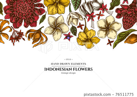 Floral design with colored plumeria, allamanda, clerodendrum, champak, etlingera, ixora Floral design with colored plumeria, allamanda, clerodendrum, champak, etlingera, ixora 76511775