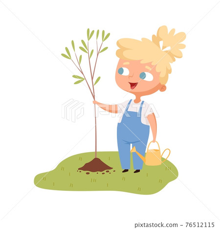 Girl planted tree. Joyful baby with cuttings of plant, gardening and plant growing hobbies. Save the planet, ecology vector illustration 76512115