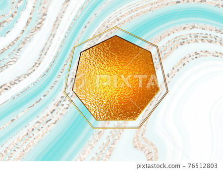 Gold frame. Vector hexagonal frame. Marble blue background with gold. Place for an inscription. 3D gold effect. Button. Gold frame. Vector hexagonal frame. Marble blue background with gold. Place for an inscription. 3D gold effect. Button. 76512803