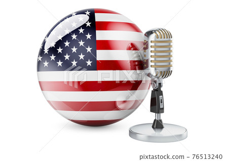 Music of the USA concept. Retro microphone with The United States flag. 3D rendering 76513240