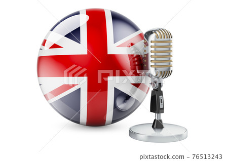 Music of the Great Britain concept. Retro microphone with British flag. 3D rendering 76513243