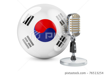 Music of South Korea concept. Retro microphone with South Korean flag. 3D rendering Music of South Korea concept. Retro microphone with South Korean flag. 3D rendering 76513254