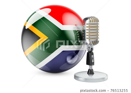 Music of South Africa concept. Retro microphone with South African flag. 3D rendering Music of South Africa concept. Retro microphone with South African flag. 3D rendering 76513255