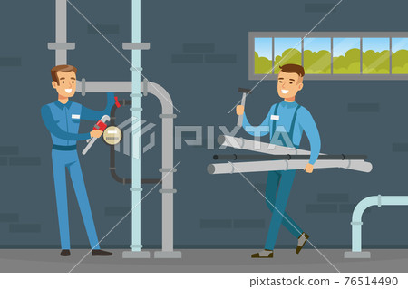 Young Man Plumber Wearing Blue Overall Fixing Tubes and Pipe Lines Vector Illustration 76514490