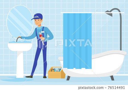 Professional Plumber in Blue Uniform Fixing Sanitary Ware Vector Illustration Professional Plumber in Blue Uniform Fixing Sanitary Ware Vector Illustration 76514491
