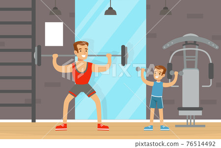 Young Father and His Son Doing Physical Exercise Lifting Dumbbells Vector Illustration 76514492