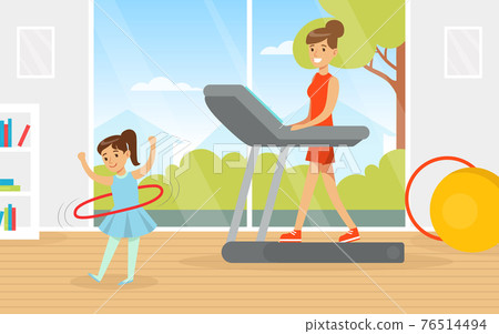 Young Mother and Her Daughter Doing Physical Exercise on Treadmill and with Hula Hoop Vector Illustration 76514494