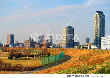 從都市農業公園(東京都足立區)附近的荒川河岸看埼玉縣川口市的街景(建築物) 從都市農業公園(東京都足立區)附近的荒川河岸看埼玉縣川口市的街景(建築物) 76514780