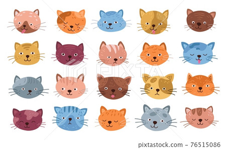 Funny cats faces. Isolated cat head, cute kitten cartoon smiles. Flat little pets expressive emoji, happy emotions of animals exact vector set Funny cats faces. Isolated cat head, cute kitten cartoon smiles. Flat little pets expressive emoji, happy emotions of animals exact vector set 76515086
