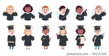 Happy graduation characters. Preschool graduates, cute cartoon little students with diploma. Isolated funny children avatars vector set 76515109