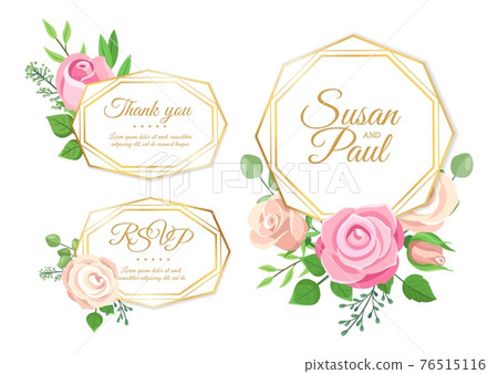 Wedding decorations. Marriage invitation elements, roses leaves wreath. Save the date gold frames with floral decor vector set 76515116