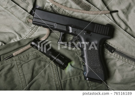 Weapons and military gun equipment for army with tactical flashlight, Semi-automatic handgun 76516189
