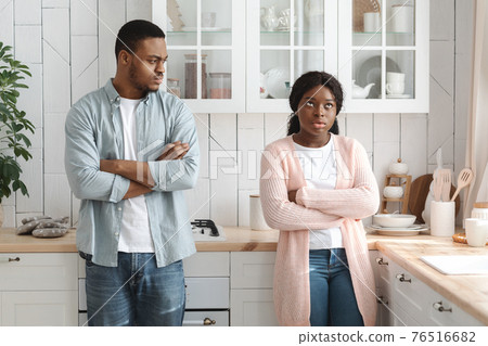 Misunderstanding In Relationship. Portrait Of Young Black Couple Standing Offended After Quarrel 76516682