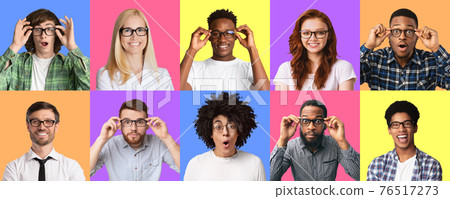 Diverse joyful people in specs expressing positive emotions 76517273