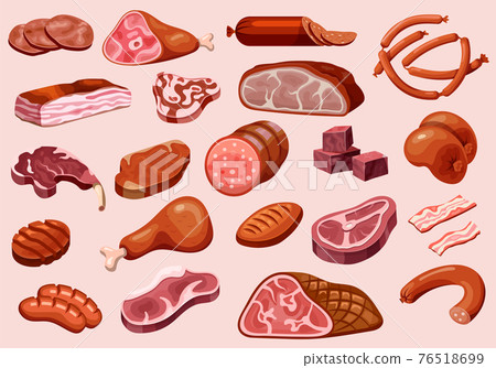 Meat and sausages, butchery shop food products set 76518699