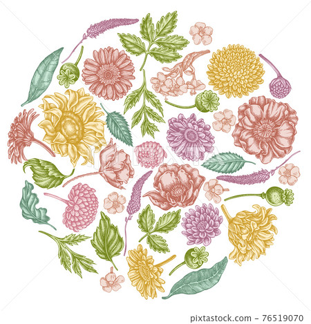 Round floral design with pastel poppy flower, gerbera, sunflower, milkweed, dahlia, veronica Round floral design with pastel poppy flower, gerbera, sunflower, milkweed, dahlia, veronica 76519070