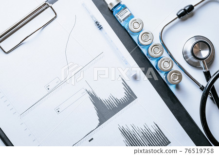 Statistics doctor. Healthcare medical infographic, doctor health stethoscope and analysis vaccination statistics on hospital background. Vaccine vial by needle syringe with stock index chart. Statistics doctor. Healthcare medical infographic, doctor health stethoscope and analysis vaccination statistics on hospital background. Vaccine vial by needle syringe with stock index chart. 76519758