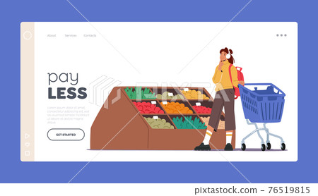 Customer Buying Food in Supermarket Landing Page Template. Girl Character Visiting Grocery Store Making Purchase 76519815