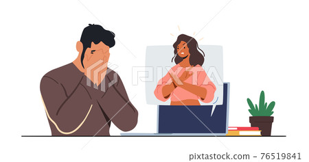 Cyberbullying Abuse. Woman Show Stop Gesture from Monitor. Teen Character Crying front of Pc Screen after Being Bullied Cyberbullying Abuse. Woman Show Stop Gesture from Monitor. Teen Character Crying front of Pc Screen after Being Bullied 76519841