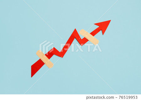 Global economy recovery, Business Economic growth. Financial, industrial and market sector comeback and upturn concept. Paper red arrow graph with medical plaster going upward in blue background Global economy recovery, Business Economic growth. Financial, industrial and market sector comeback and upturn concept. Paper red arrow graph with medical plaster going upward in blue background 76519953