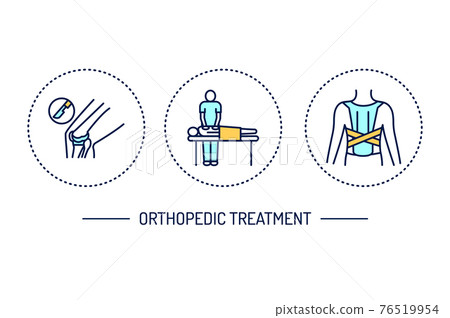 Orthopedic treatment line color icons set. Rehabilitation after injuries. Isolated vector element. Orthopedic treatment line color icons set. Rehabilitation after injuries. Isolated vector element. 76519954