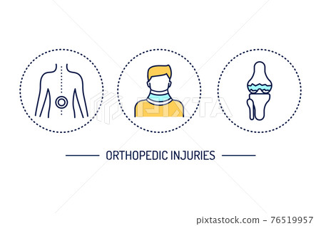 Orthopedic injuries line color icons set. Rehabilitation after injuries. Isolated vector element. Orthopedic injuries line color icons set. Rehabilitation after injuries. Isolated vector element. 76519957