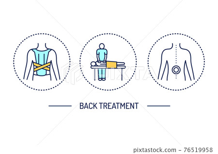 Back treatment line color icons set. Rehabilitation after injuries. Isolated vector element. Back treatment line color icons set. Rehabilitation after injuries. Isolated vector element. 76519958