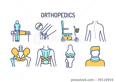 Orthopedics line color icons set. Rehabilitation after injuries. Isolated vector element. Orthopedics line color icons set. Rehabilitation after injuries. Isolated vector element. 76519959