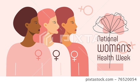 National Women's Health Week concept vector for web, app. Event on Mother's Day to encourage women health in May. Diverse race girls on boho style National Women's Health Week concept vector for web, app. Event on Mother's Day to encourage women health in May. Diverse race girls on boho style 76520054