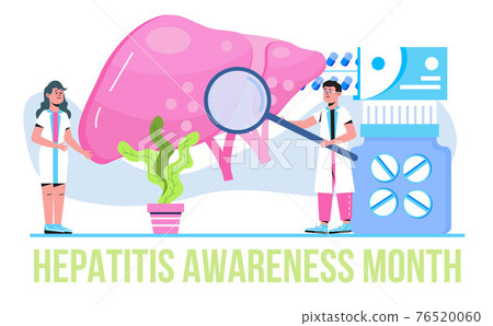 Hepatitis awareness month concept vector. Event is observed each year in May in USA. Concept of hepatitis A, B, C, D, cirrhosis, world hepatitis day. Tiny doctors treat liver. Hepatitis awareness month concept vector. Event is observed each year in May in USA. Concept of hepatitis A, B, C, D, cirrhosis, world hepatitis day. Tiny doctors treat liver. 76520060